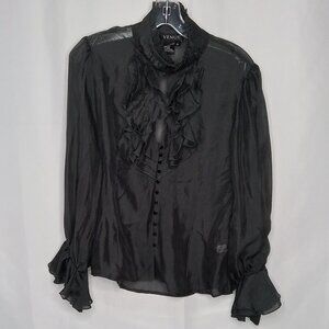 NWOT VENUS SHEER BLACK RUFFLE SILK HIGH NECK LOW CUT BUTTON DOWN BLOUSE SIZE 10